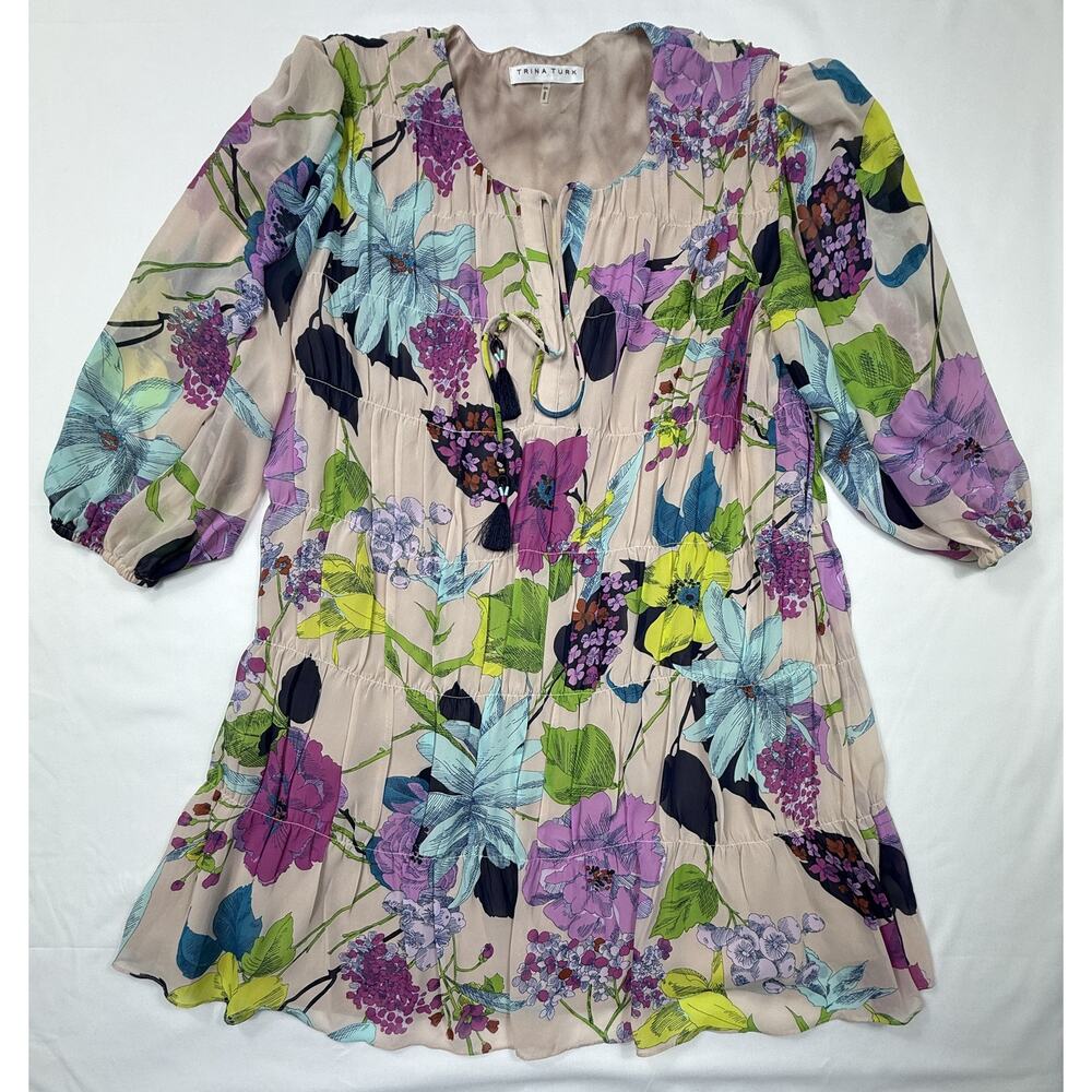 Trina Turk Floral Shift pleated Silvery Tunic Dress Sz XXL - Picture 2 of 11